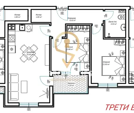 Three-room apartment №13, 3rd floor